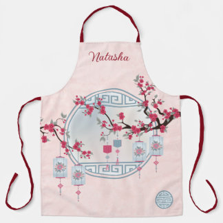 Asian cherry blossom blue lantern digital art apron