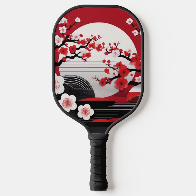 Asian Cherry Blossom Red, White & Black Pickleball Paddle (Front)