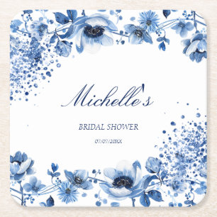 Asian Chinoiserie Light Blue Floral Bridgerton Square Paper Coaster