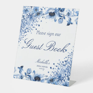 Asian Chinoiserie Light Blue Floral Guest Book Pedestal Sign