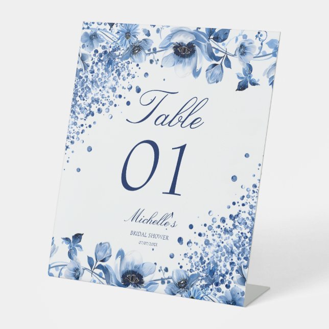 Asian Chinoiserie Light Blue Floral Table Number Pedestal Sign (Front)