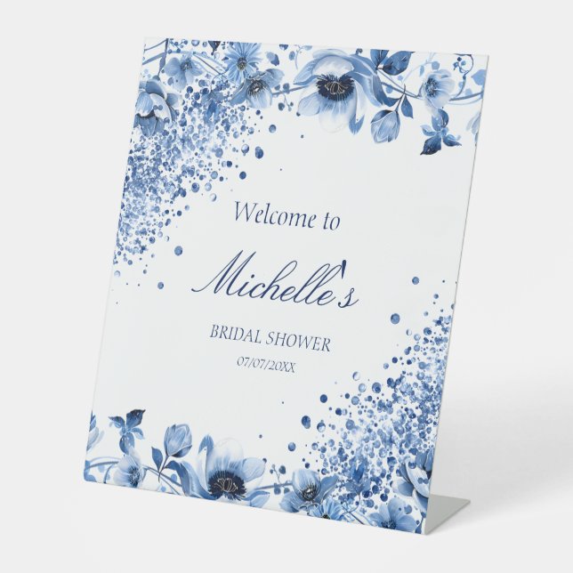 Asian Chinoiserie Light Blue Floral Welcome Pedestal Sign (Front)