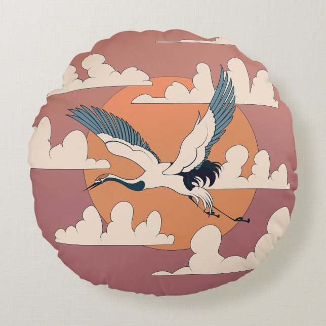 Asian Crane In Flight Round Cushion (Front)