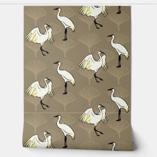 Asian Cranes & Gingko Biloba Leaves Sepia Wallpaper