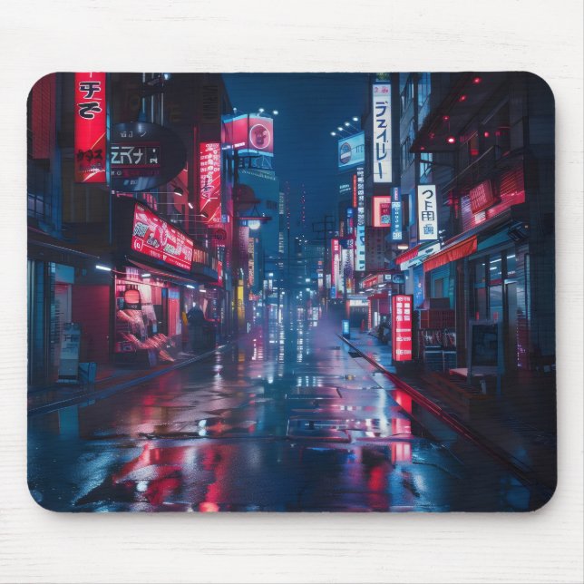 Asian Cyberpunk City Night Mouse Mat (Front)