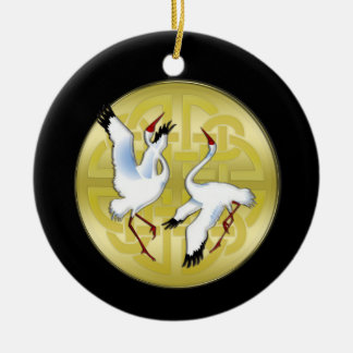 Asian Dancing Cranes on Golden Circle Ceramic Tree Decoration