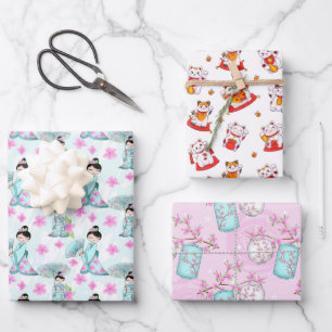 Asian Design Wrapping Paper Flat Sheet Set of 3