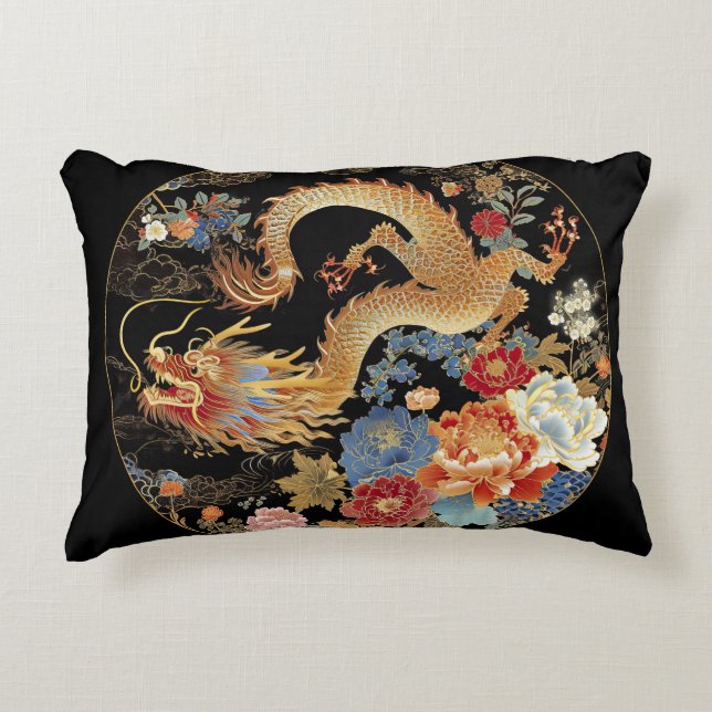 Asian Dragon and Flowers Decorative Cushion (Front)