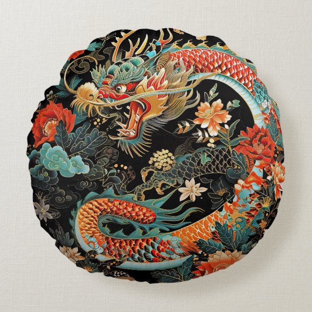 Asian Dragon and Flowers Round Pillow (Front)
