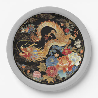 Asian Dragon and Peony Flowers Paper Plate
