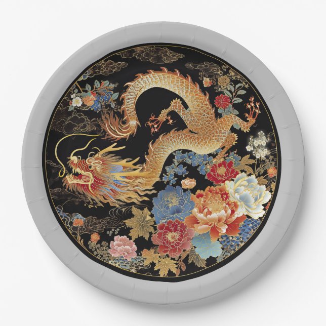 Asian Dragon and Peony Flowers Paper Plate (Front)
