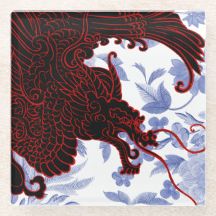 Asian Dragon - Black and Red on Blue Floral Glass Coaster