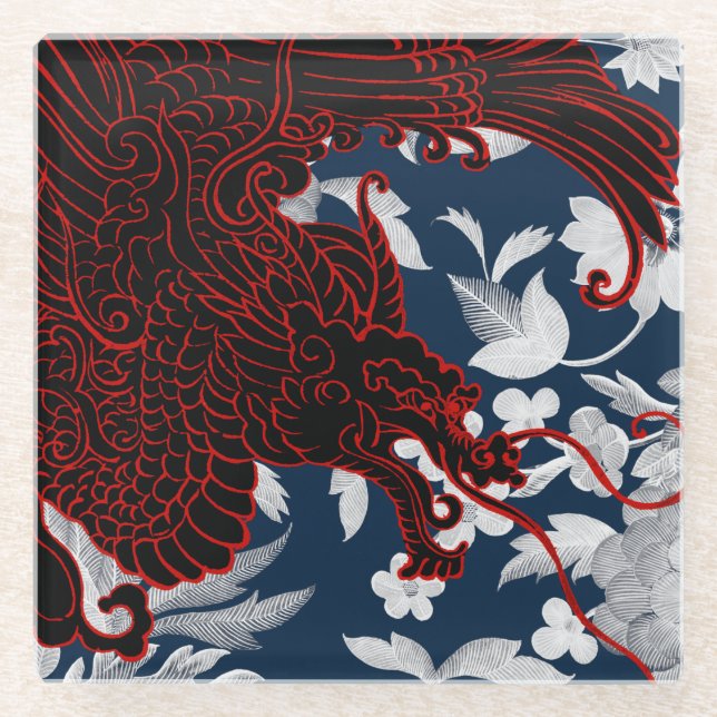 Asian Dragon - Black and Red on Navy Floral Glass Coaster (Front)