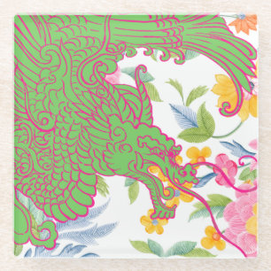 Asian Dragon - Pink and Green Floral Glass Coaster