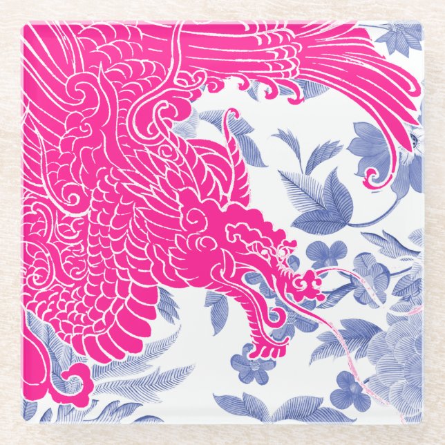 Asian Dragon - Pink and White on Blue Floral Glass Coaster (Front)