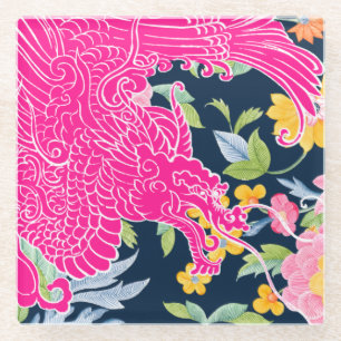 Asian Dragon - Pink on Navy Floral Glass Coaster