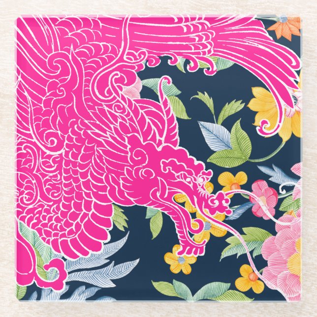 Asian Dragon - Pink on Navy Floral Glass Coaster (Front)