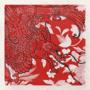 Asian Dragon - Red and Black on Red Floral Glass Coaster