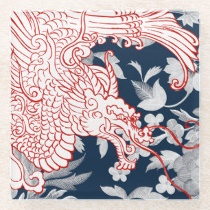 Asian Dragon - White and Red on Blue Floral Glass Coaster