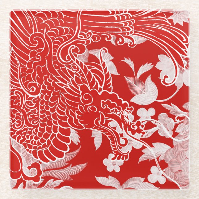 Asian Dragon - White and Red on Red Floral Glass Coaster (Front)
