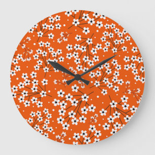 Asian Elegance: Red Floral Seamless Print Large Clock
