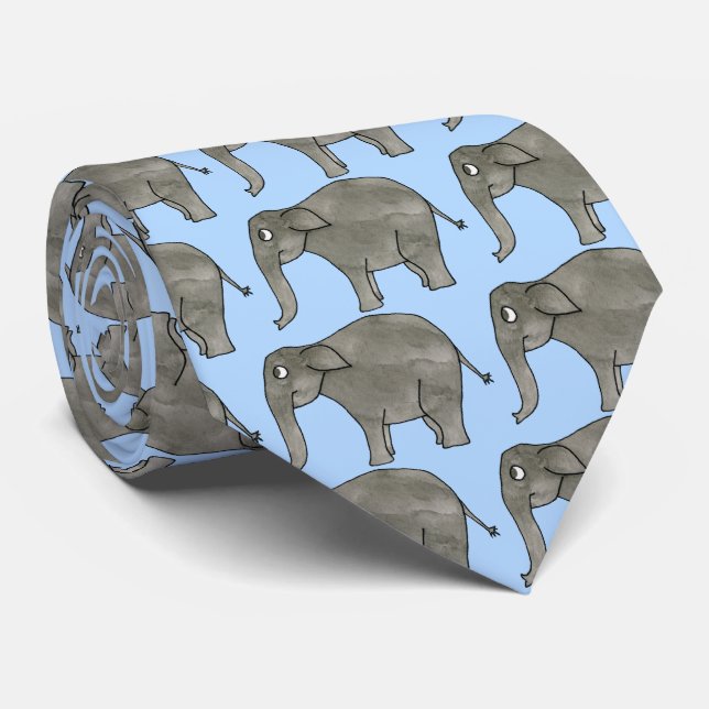 Asian Elephant, on Pastel Blue. Tie (Rolled)