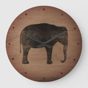 Asian Elephant Silhouette Rustic Style Large Clock