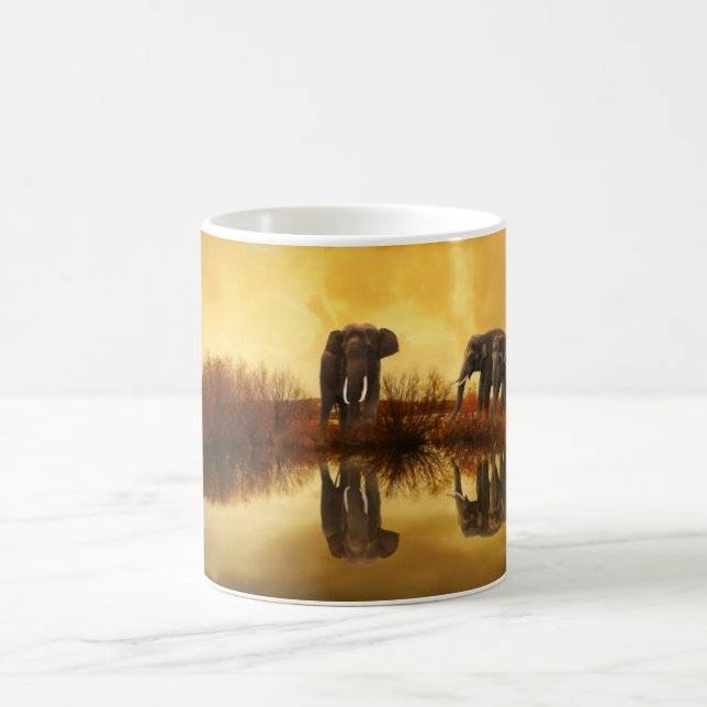 Asian Elephants in Thailand under a glowing sunset Coffee Mug (Center)