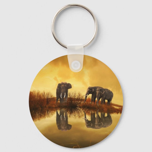 Asian Elephants in Thailand under a glowing sunset Key Ring (Front)