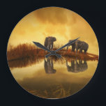 Asian Elephants in Thailand under a glowing sunset Large Clock<br><div class="desc">Beautiful photo of a group of asian elephants taken in Thailand under the setting sun. The lighting in this photo creates a vintage retro mood.</div>