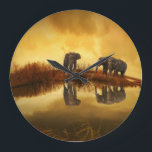 Asian Elephants in Thailand under a glowing sunset Large Clock<br><div class="desc">Beautiful photo of a group of asian elephants taken in Thailand under the setting sun. The lighting in this photo creates a vintage retro mood.</div>