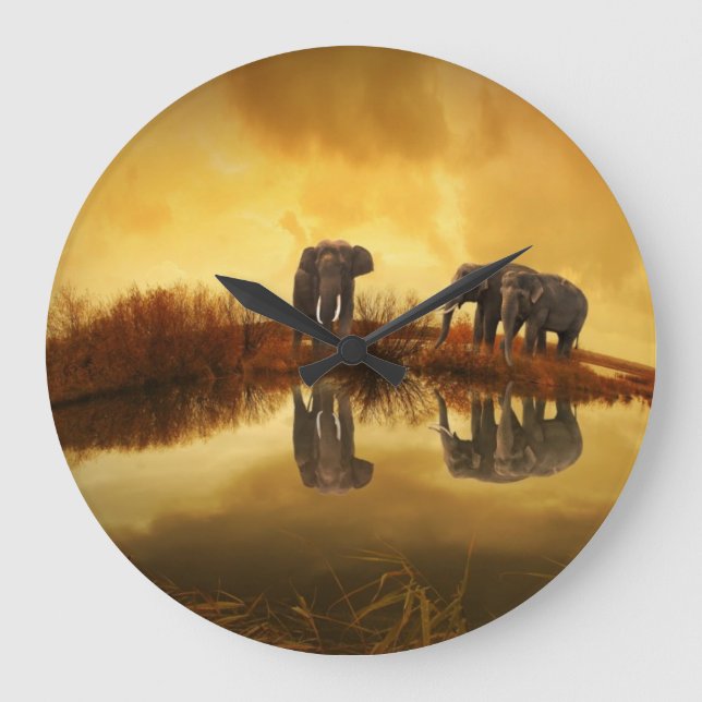 Asian Elephants in Thailand under a glowing sunset Large Clock (Front)
