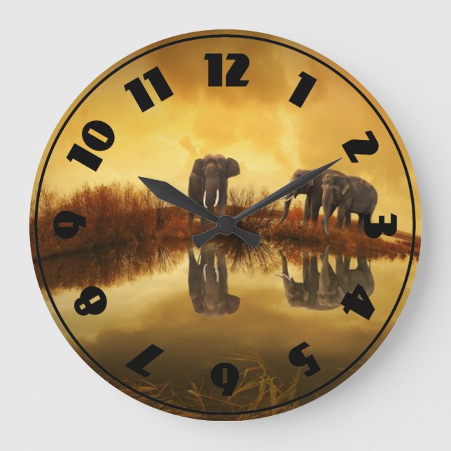 Asian Elephants in Thailand under a glowing sunset Large Clock (Front)