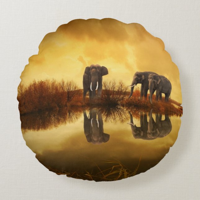 Asian Elephants in Thailand under a glowing sunset Round Cushion (Front)