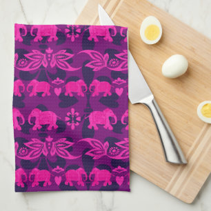 Asian Elephants Pink Purple Decorative Tea Towel