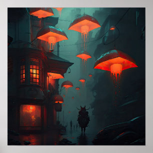 Asian fantasy night city with red lanterns AI art Poster