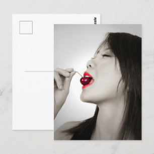 Asian fashion woman with cherry lips postcard