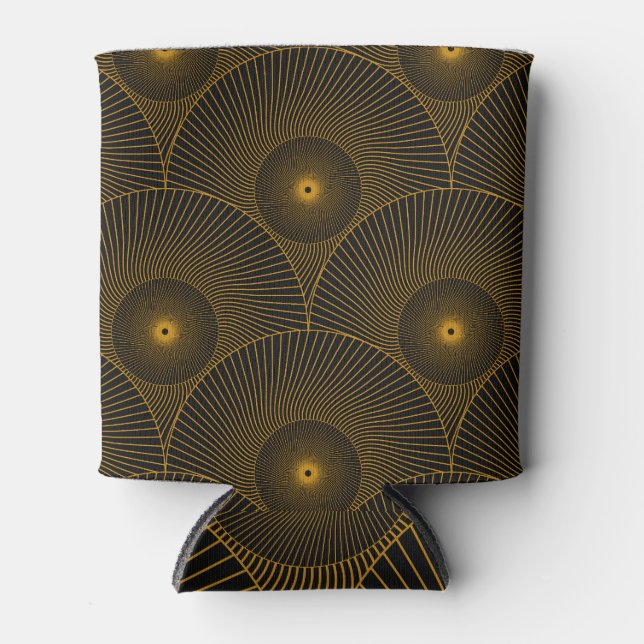 Asian feathers: gold-black seamless. can cooler (Front)