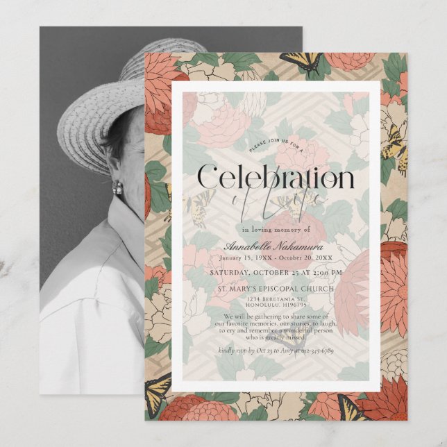 Asian Floral & Butterflies Beige Funeral Memorial Invitation (Front/Back)