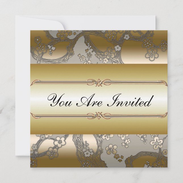 Asian Floral Gold and Silver Party Invitations (Front)