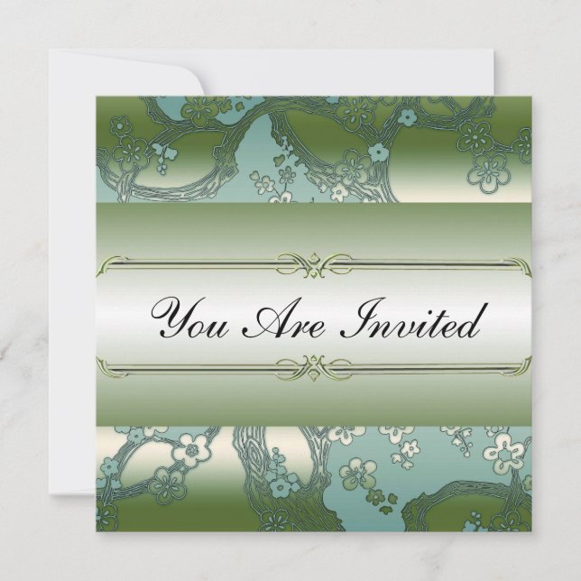 Asian Floral Green and Silver Party Invitations (Front)