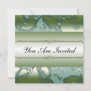 Asian Floral Green and Silver Party Invitations
