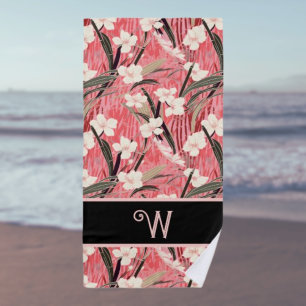 Asian Floral Pink Peach White Chinoiserie Monogram Beach Towel