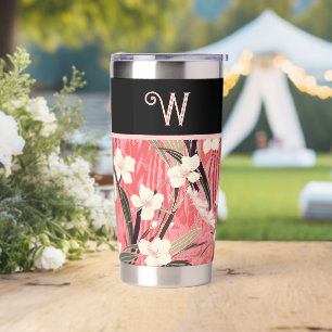 Asian Floral Pink Peach White Chinoiserie Monogram Insulated Tumbler