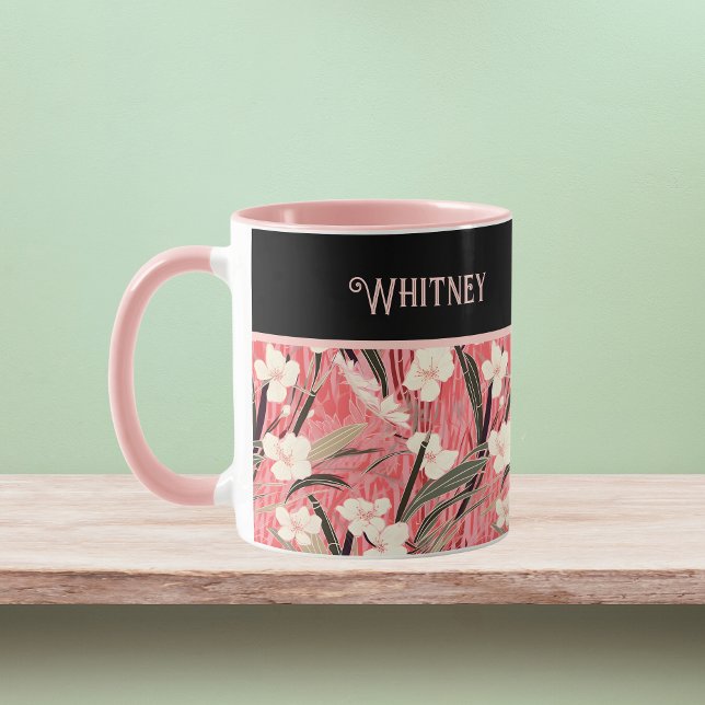 Asian Floral Pink Peach White Chinoiserie Monogram Mug (Creator Uploaded)