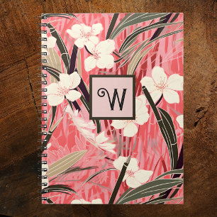 Asian Floral Pink Peach White Chinoiserie Monogram Notebook