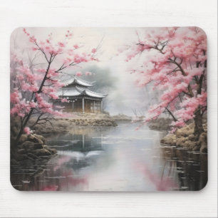 Asian Garden Pink Trees Mouse Mat