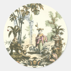 Asian Garden with Woman and Animals Classic Round Sticker