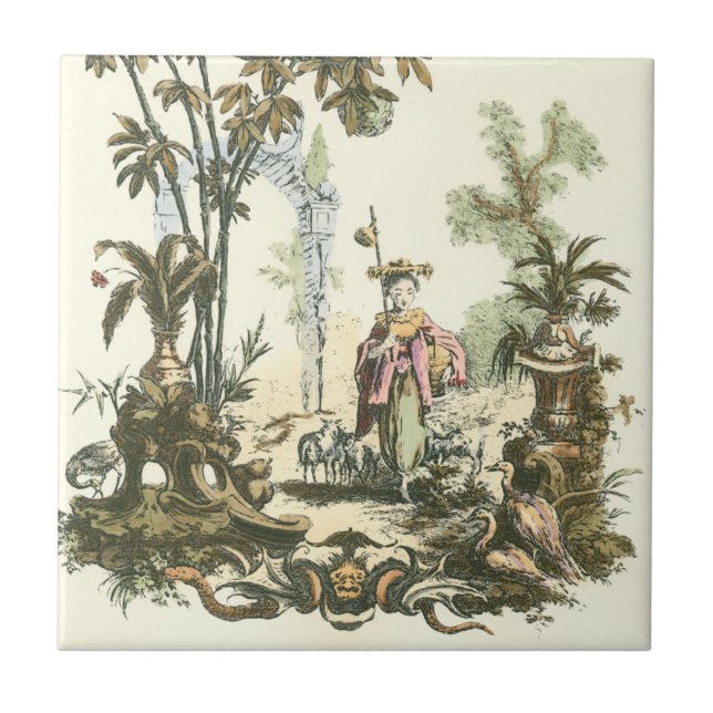 Asian Garden with Woman and Animals Tile (Front)
