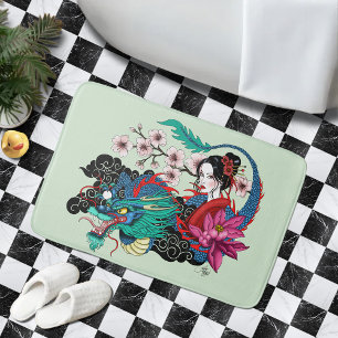 Asian Geisha Dragon Cherry Blossoms Blue Bath Mat